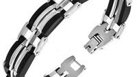 Mens Stainless Steel & Black Geometric Link Bracelet