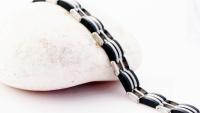 Mens Stainless Steel & Black Geometric Link Bracelet