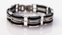 Mens Stainless Steel & Black Geometric Link Bracelet