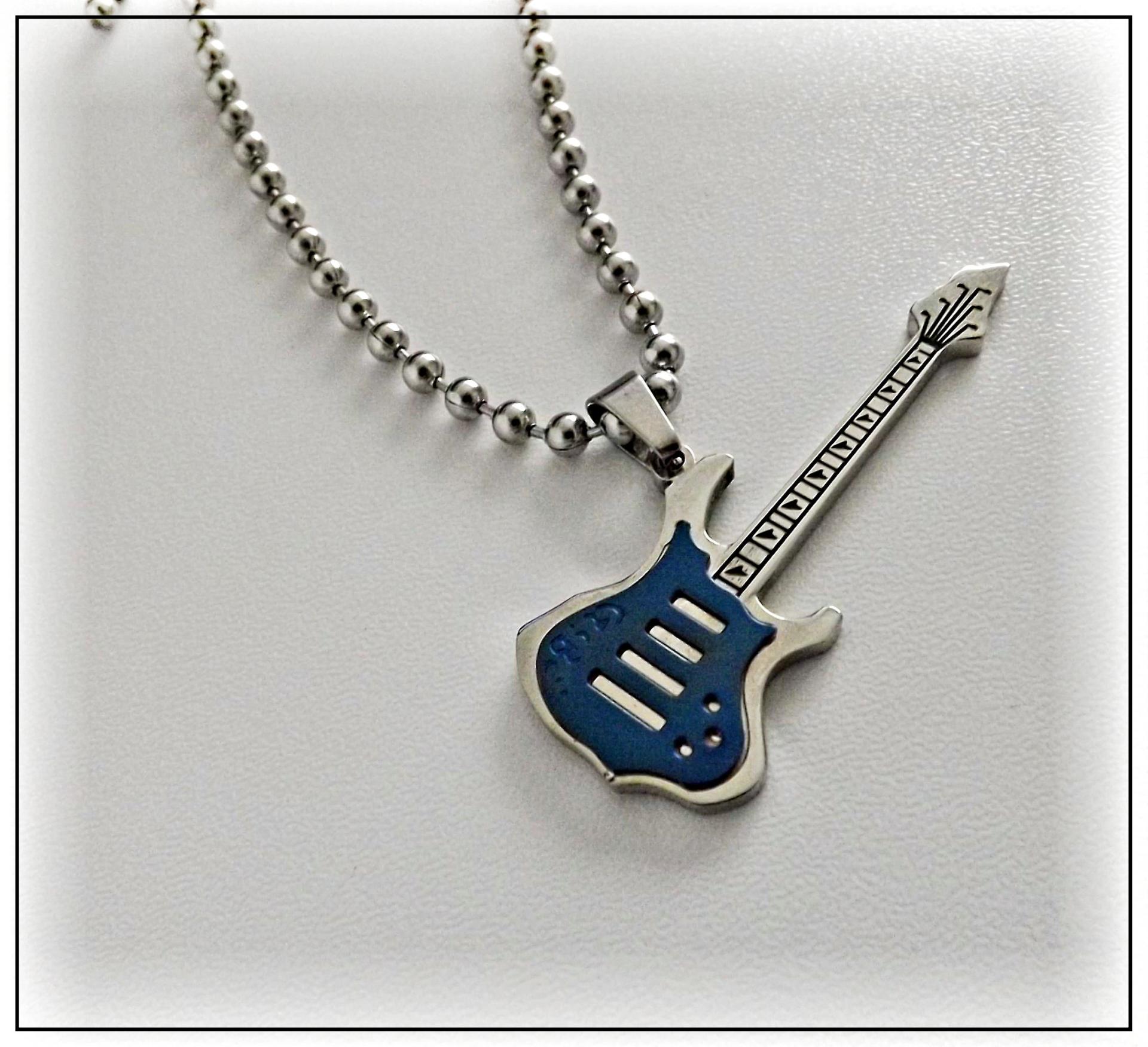 Blue Electric Guitar Pendant Stainless Steel