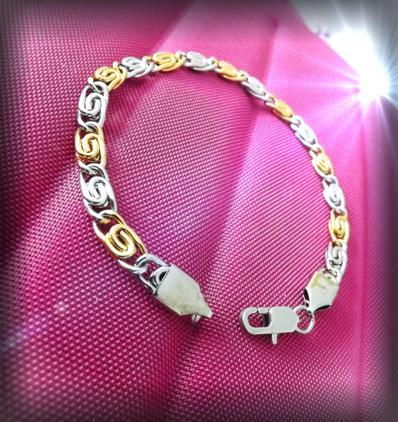 Stainless Steel 2-tone Greek Key Snail Link Chain Bracelet