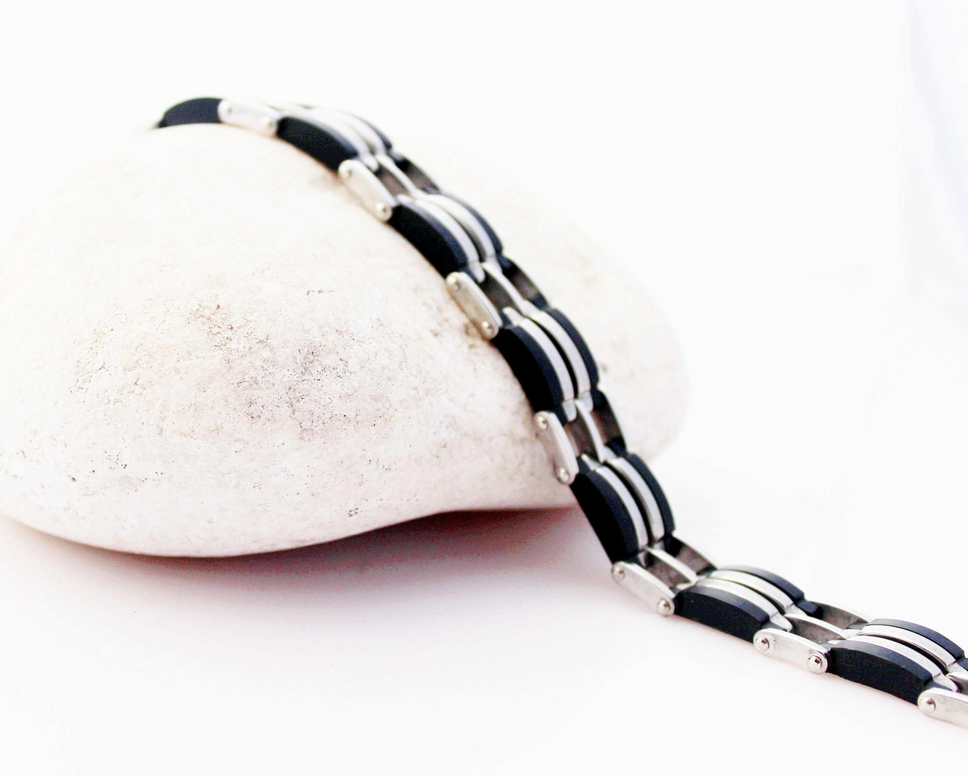 Mens Stainless Steel & Black Geometric Link Bracelet