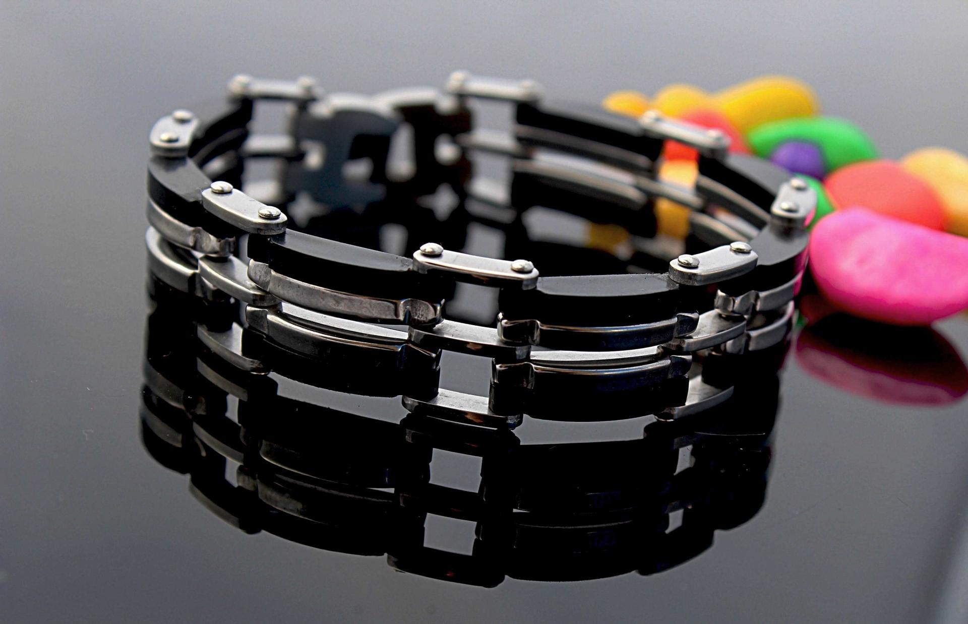 Mens Stainless Steel & Black Geometric Link Bracelet