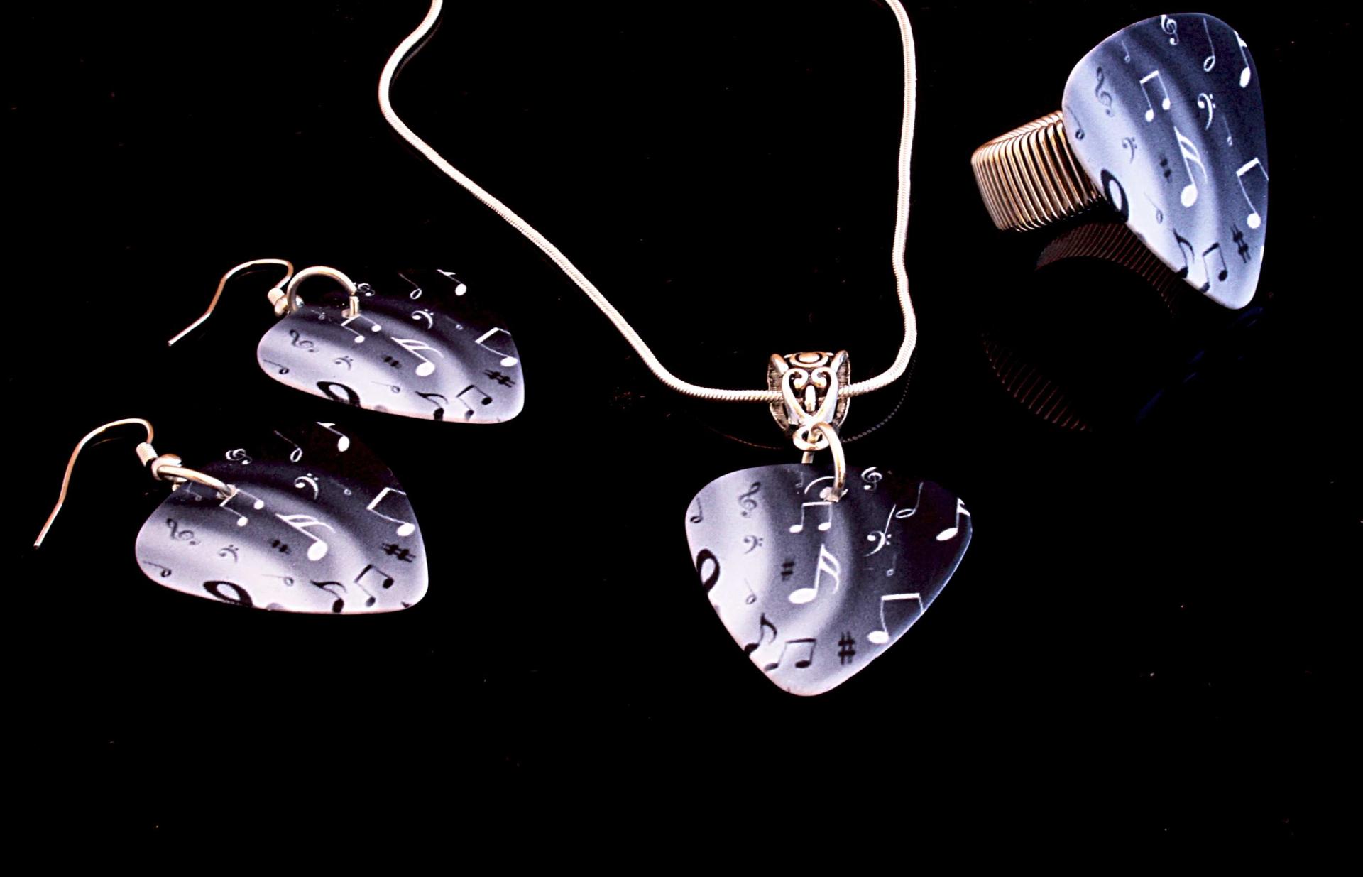 Music Note Guitar Pick Jewellery Set - "Night & Day Notes" Design