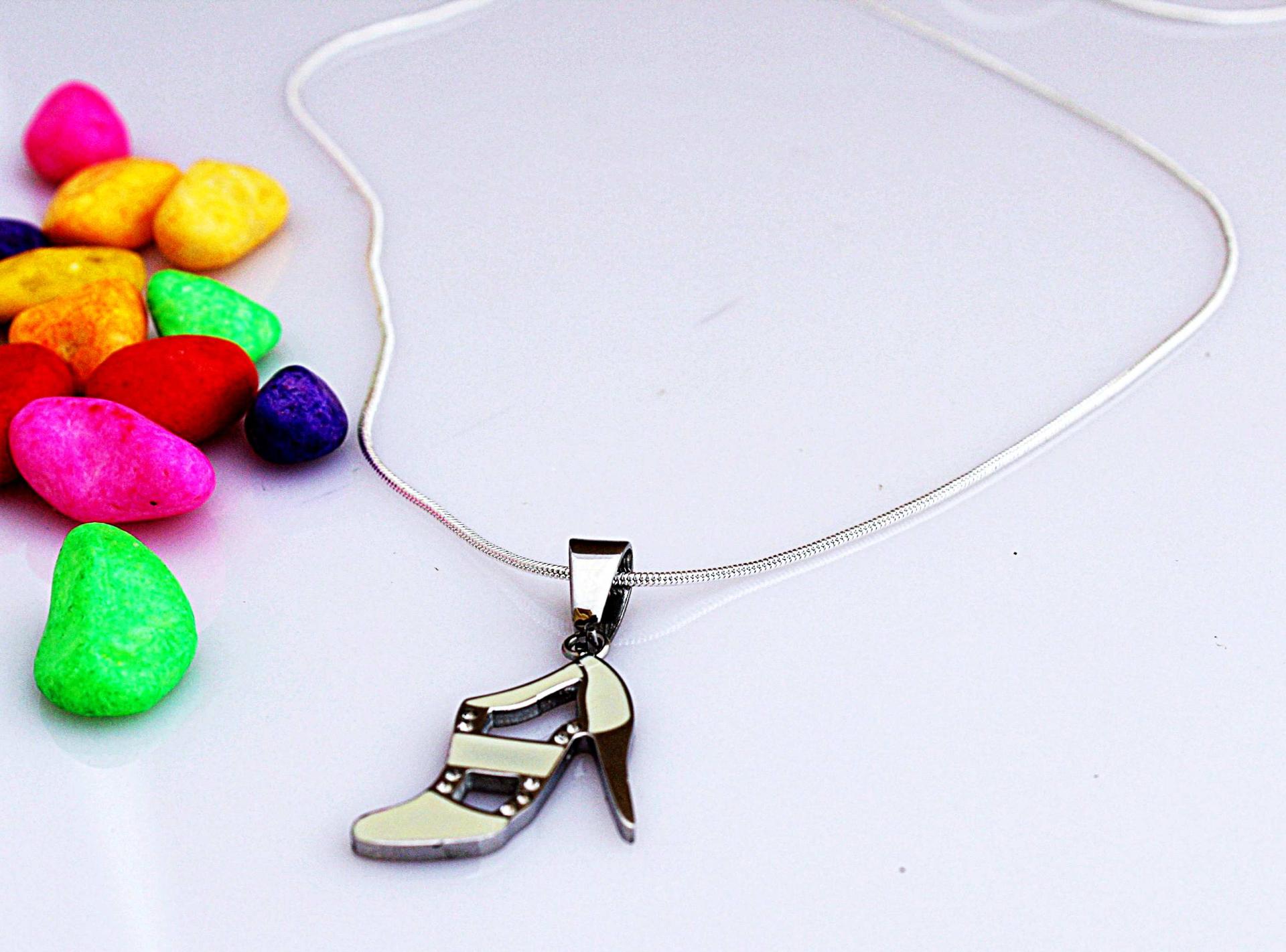 High Heel Lady Shoe Pendant White Enamel in Stainless Steel