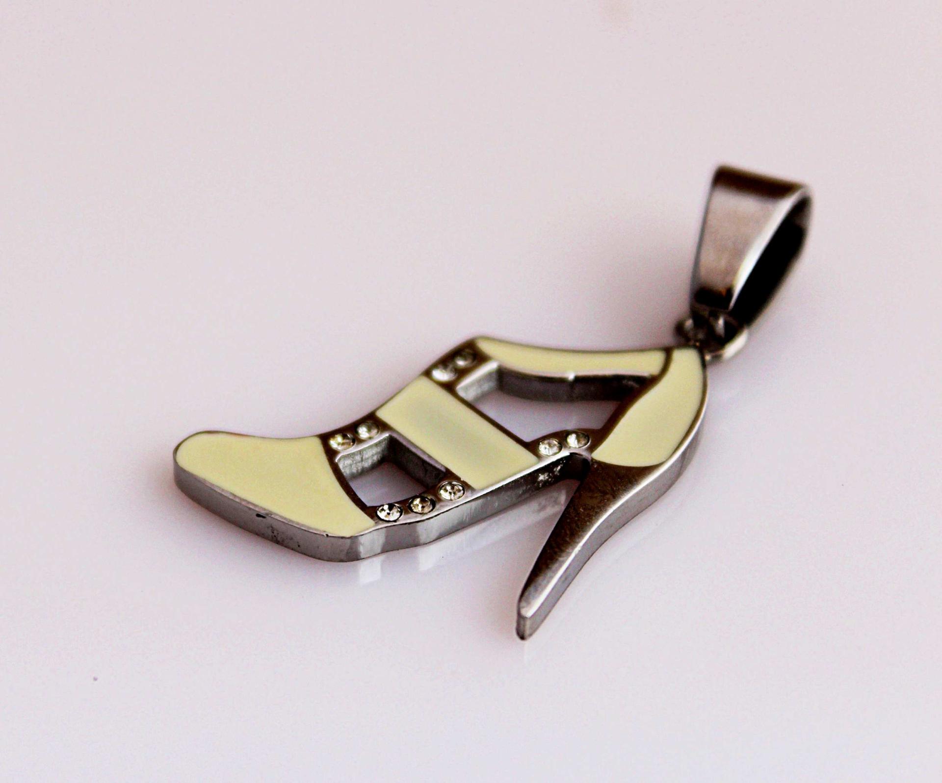 High Heel Lady Shoe Pendant White Enamel in Stainless Steel