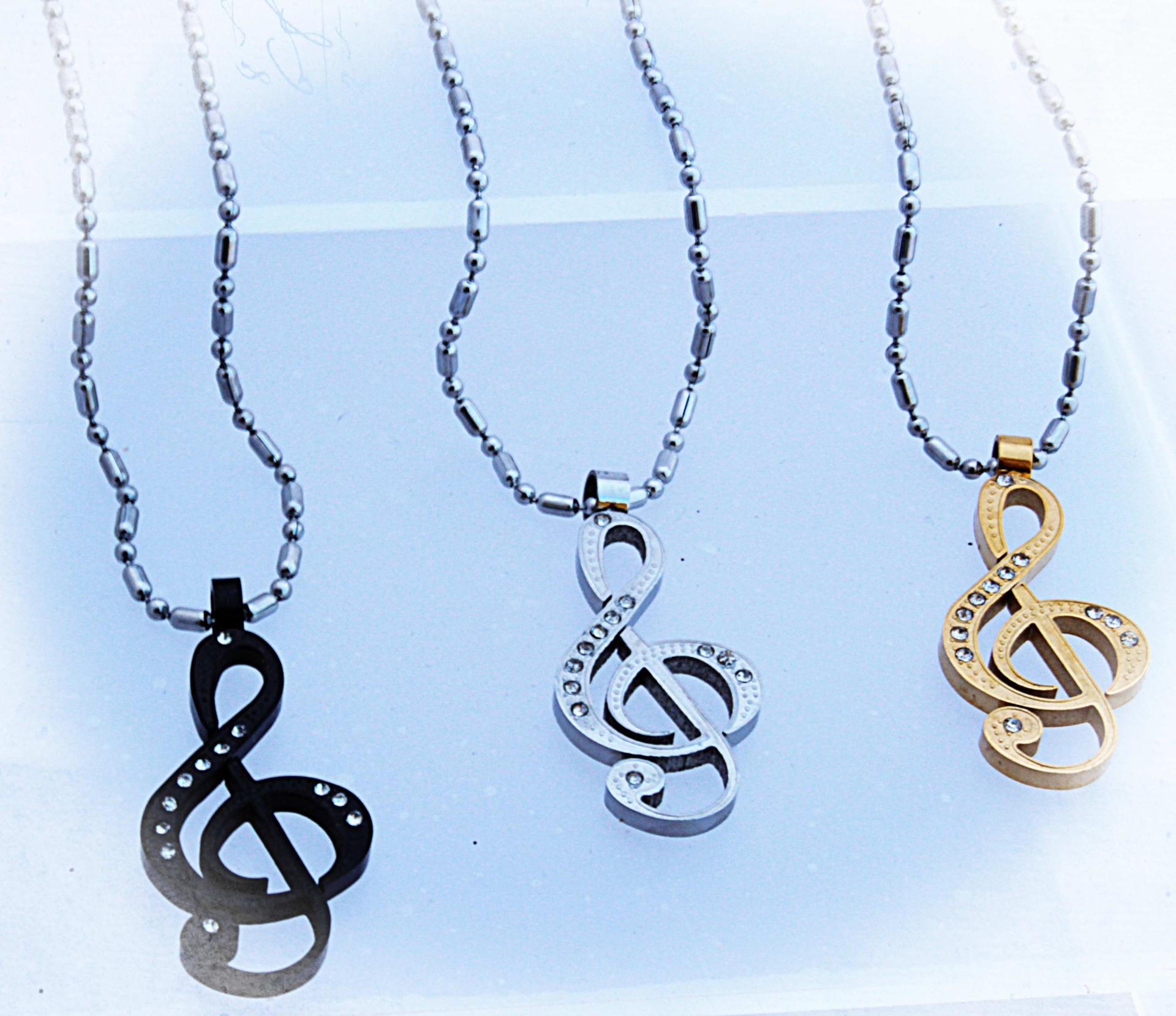 Treble Clef Necklace in Stainless Steel with CZ Stones