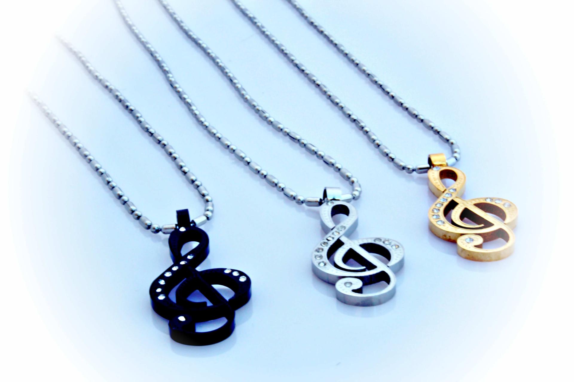 Treble Clef Necklace in Stainless Steel with CZ Stones