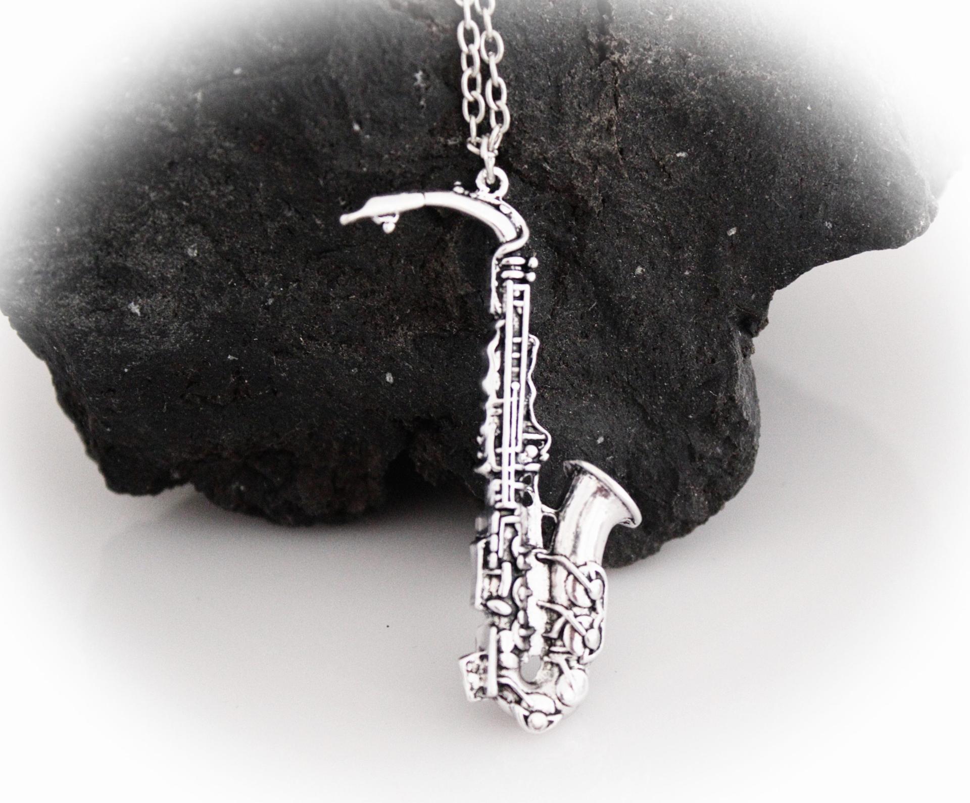 Silver Saxophone Necklace Vintage Style