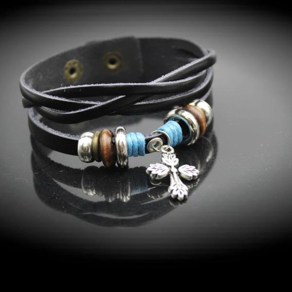 Stainless Steel and Leather Wrap Bracelet with Cross