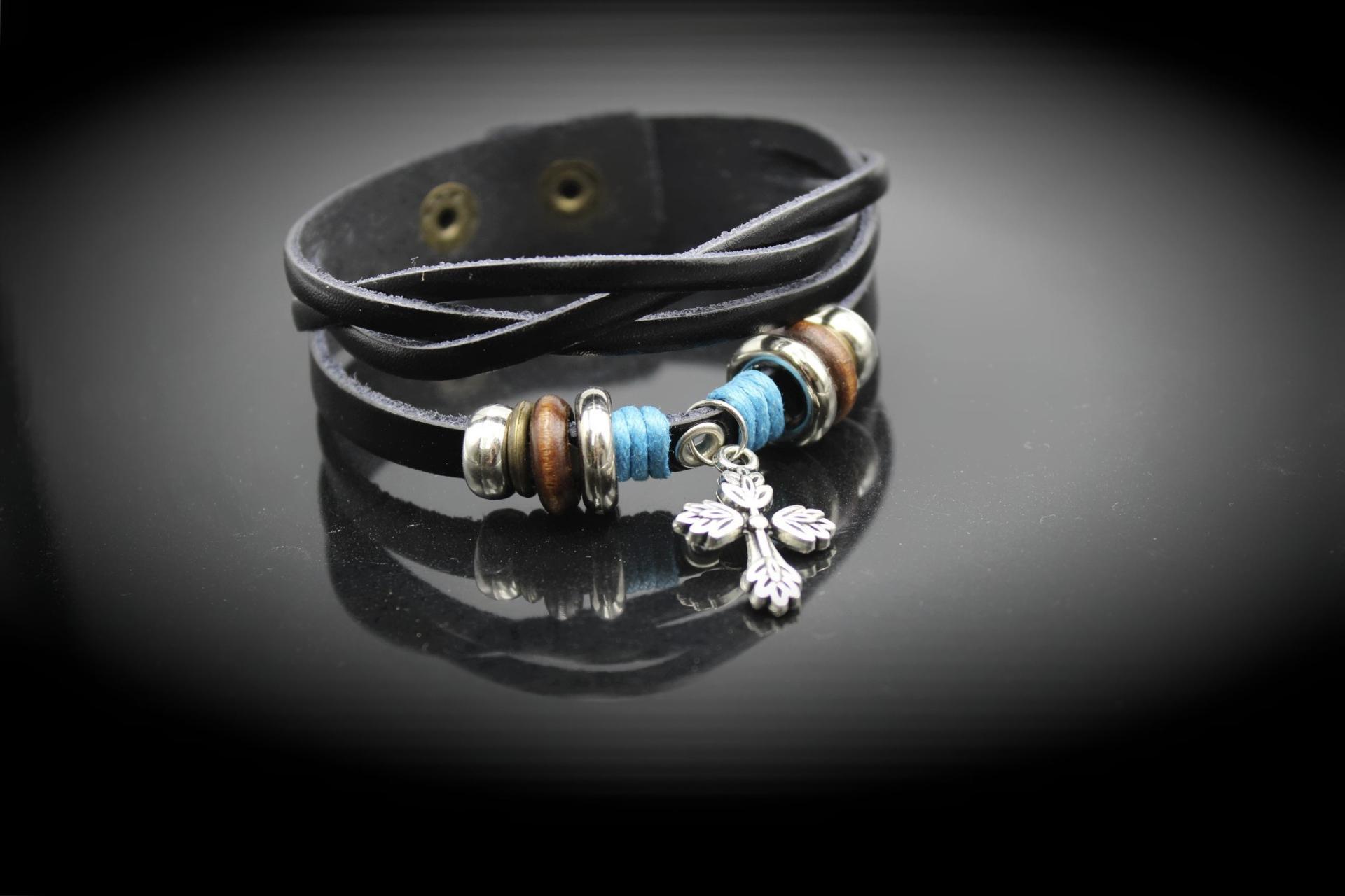 Stainless Steel and Leather Wrap Bracelet with Cross